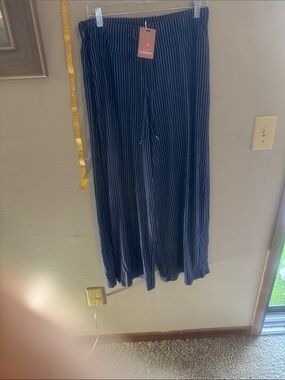 Navy Pinstripe Wide-Leg Pull-On Pants